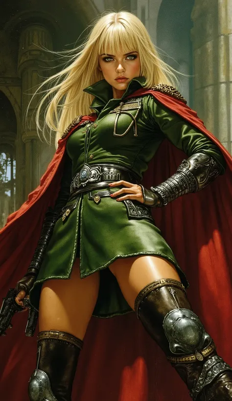 1970s fantasy film still, ((masterpiece)), ((best quality)), ((ultra-detailed)), cinematic lighting, dramatic low-angle shot. A young imperial female military officer, ((platinum blonde long hair with choppy bangs)), arched crescent eyebrows, sharp piercin...