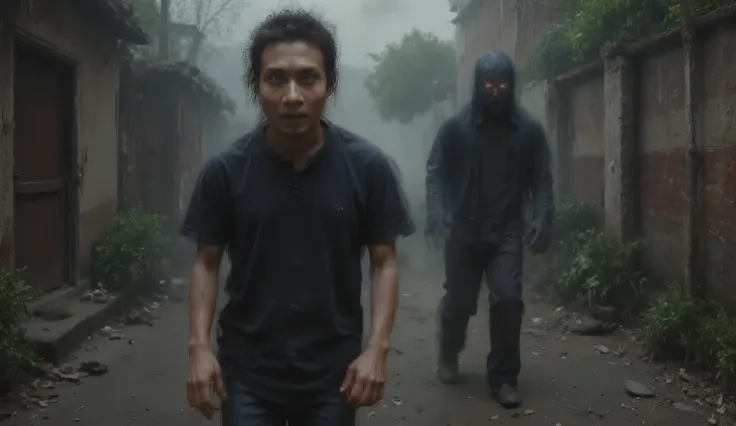 A panicked young Indonesian man running at night, looking over his shoulder in terror. His facial expression is filled with fear — wide eyes, open mouth, tense brows. He is around 25 years old, wearing a t-shirt and jeans, with messy black hair. Behind him...
