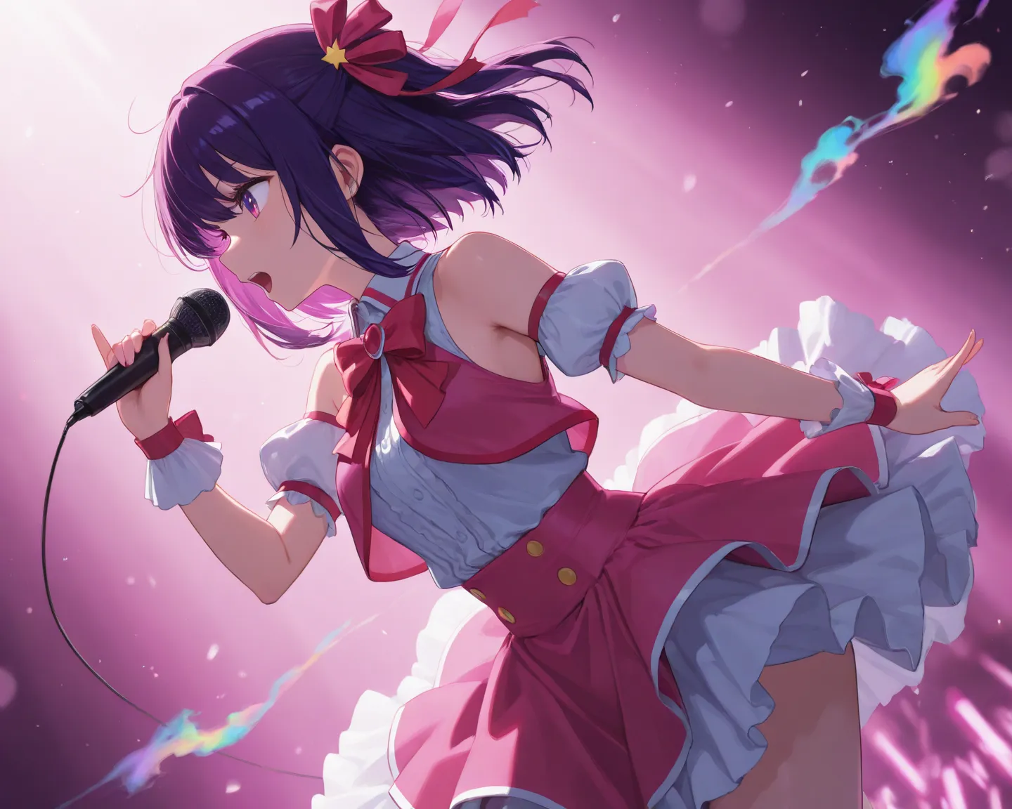 (masterpiece, Best quality, 8K, 1080P, HD, highlight the conveyed intentions through movements, diversify the lighting aspect to create the desired atmosphere, accentuate the posing to emphasize more of the physical curves, genuinely immersive facial expression, enhance image colouring, in depth colouring backdrop, glossier surface, idol outfit, fabric is softer and loosened, diverse in hair movements, side angle viewing full profile), 2 woman, for 1 {Ai Hoshino (oshi no ko), hair (straight long and dark purple), purple eyes, tied left hair}, for 2 {Kanon (the world god only knows), short pink hair, ribbon, red eyes}, both is on stage apart holding star-shaped mic in singing pose, with rainbow smoke mist all around, in a grand concert celebration scene