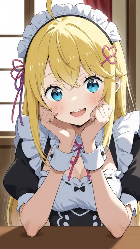 re;Zero maid clothes、re;Zero Rem's hair ornament、top quality_masterpiece、anatomically accurate、Remain Alisa Mikhailovna Kujo、Maid Cafe、big 、Beautiful girl、omelette placed on the table、make a heart mark with both hands、winks at the end、Smiling、4K、8K、high re...