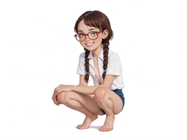 Young girl. Cartoon. Nerdy girl, nerdy teeth. (()). Glasses. Undeveloped beautiful body. short stature, small stature. Bob hair with braids. Freckled skin. flat chest, thin arms, extremely skinny, long hair. tanned body. Nice bellybutton, Beautiful delica...