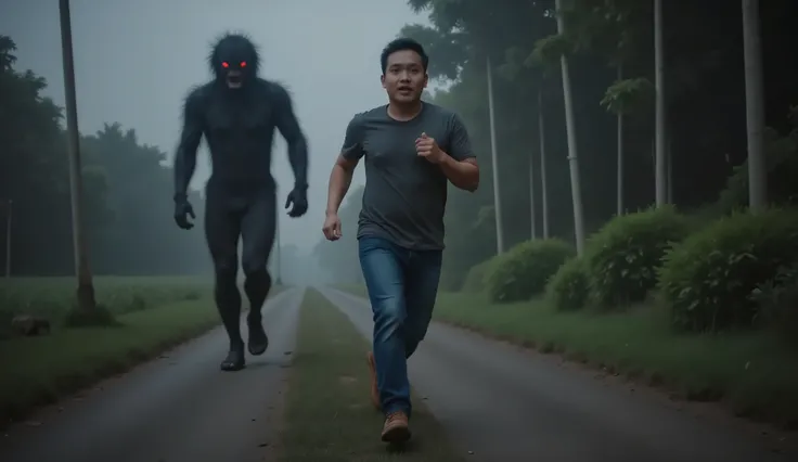 A terrified young Indonesian man running at night with a panicked expression — wide eyes, open mouth, tense brows. He is around 25 years old, wearing a t-shirt and jeans, sprinting forward on a foggy rural path. Behind him is a dark shadowy creature covere...