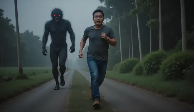 A terrified young Indonesian man running at night with a panicked expression — wide eyes, open mouth, tense brows. He is around 25 years old, wearing a t-shirt and jeans, sprinting forward on a foggy rural path. Behind him is a dark shadowy creature covere...
