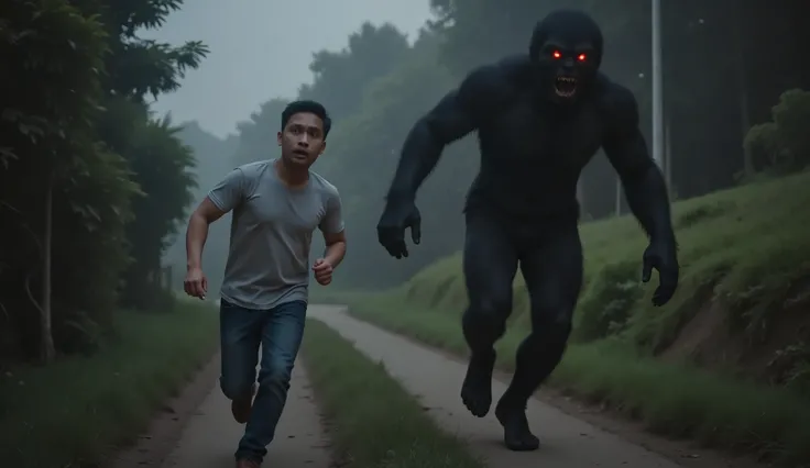 A terrified young Indonesian man running at night with a panicked expression — wide eyes, open mouth, tense brows. He is around 25 years old, wearing a t-shirt and jeans, sprinting forward on a foggy rural path. Behind him is a dark shadowy creature covere...