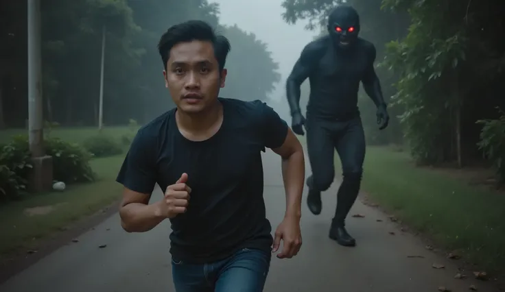 A terrified young Indonesian man running at night with a panicked expression — wide eyes, open mouth, tense brows. He is around 25 years old, wearing a t-shirt and jeans, sprinting forward on a foggy rural path. Behind him is a dark shadowy creature covere...