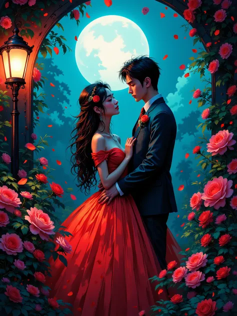 A young woman and man, positioned in the center of the image, are embracing under a full moon. The woman, of Asian descent, is in her late s or early twenties, with long, dark brown hair. She wears a strapless, full-length, vibrant red ball gown. A small r...