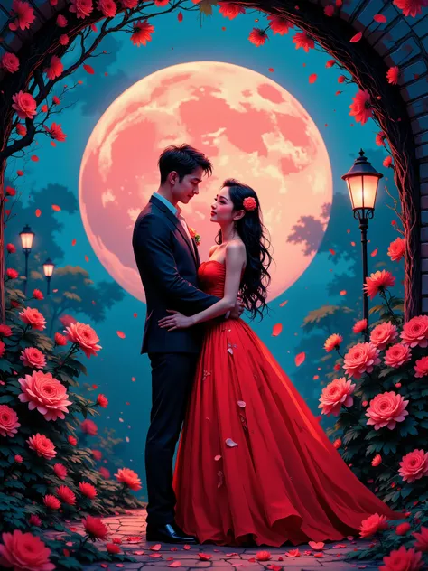 A young woman and man, positioned in the center of the image, are embracing under a full moon. The woman, of Asian descent, is in her late s or early twenties, with long, dark brown hair. She wears a strapless, full-length, vibrant red ball gown. A small r...