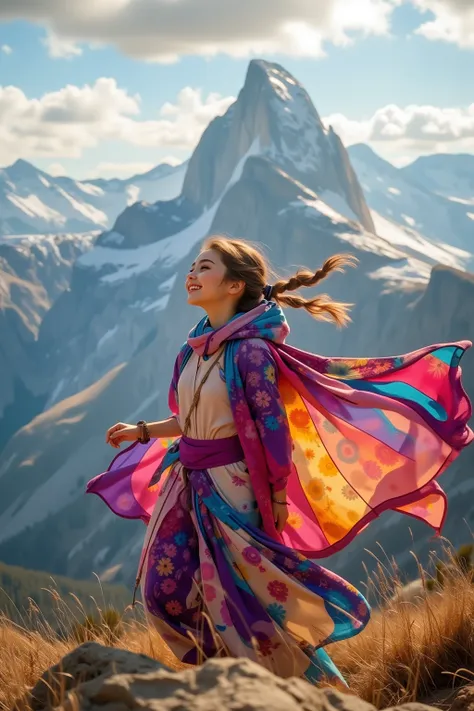A woman wearing a costume with a colorful pattern,wearing a colorful cape fluttering in the wind,is smiling brightly while looking at the mountain scenery from the tip of the top of the hill,detailed facial depiction,Delicate poses and movements,realistic expression,high resolution,extremely realistic,masterpiece,Professional level,HDR,UHD,Studio Lights,Ultra high definition,sharp focus,physics-based rendering,extreme detail,Vibrant colors,soft bokeh