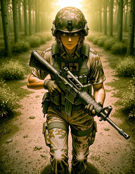 The image depicts a soldier in military gear holding and aiming an M16 rifle in a focused manner. The soldier is wearing a tactical helmet, a desert camouflage uniform, gloves, and a tactical vest holding various equipment and gear. The soldier is position...