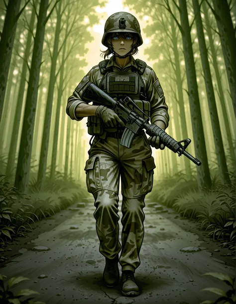 The image depicts a soldier in military gear holding and aiming an M16 rifle in a focused manner. The soldier is wearing a tactical helmet, a desert camouflage uniform, gloves, and a tactical vest holding various equipment and gear. The soldier is position...