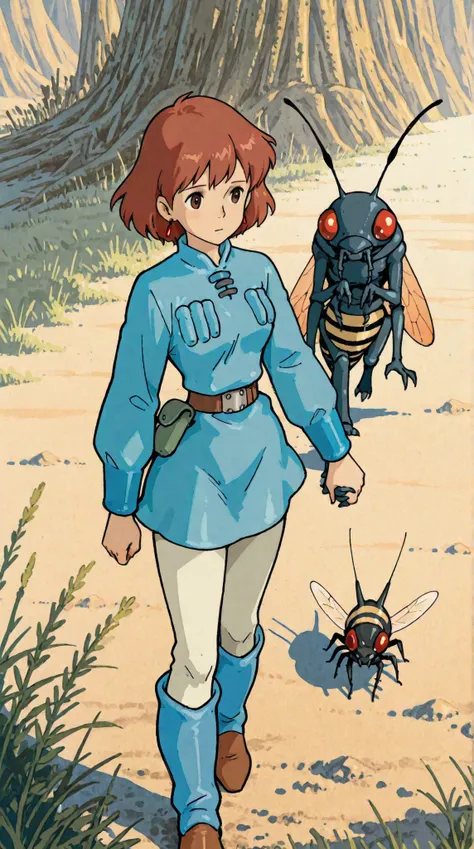 The blue-eyed king insect,Nausicaa of Valley of the Wind,the big king insect in the background,Nausicaa and the boy monk Chikuku from Tsuchi-kuku are holding hands,