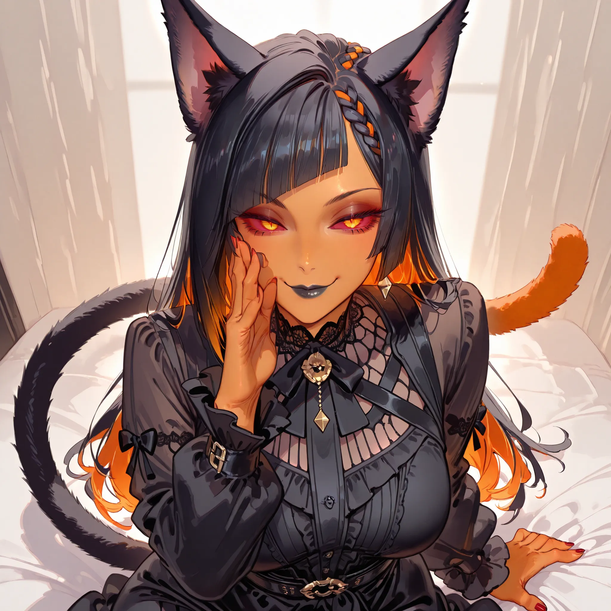 ((最高品質)), ((傑作)), (詳細)no humans, pure orange skin, cat ears, black hair, orange colored inner hair, diagonal bangs, side cornrows, red sclera, round black iris, gold pupils, black lips, detailed face, mature female, seductive smile, 5 claw fingers, red nai...