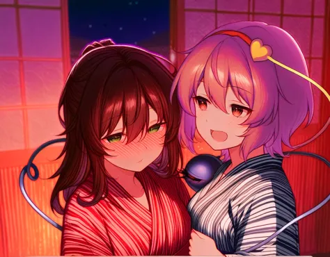  top quality 、two girls facing each other、 character、East、Komeiji Koishi 、 Yonei Satori、Ryokan Background、wearing a yukata、I'm drunk and drunk、clothes with long brown hair are slightly loose、 I can see my chest slightly 
