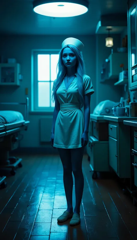 1 woman, a woman has blue skin, A woman in a 1900s nurse uniform, with blue skin, short skirt, foot bandage, full body, standing upright, calm expression, detailed facial features, standing, in a dimly lit hospital room, with vintage medical equipment, hig...