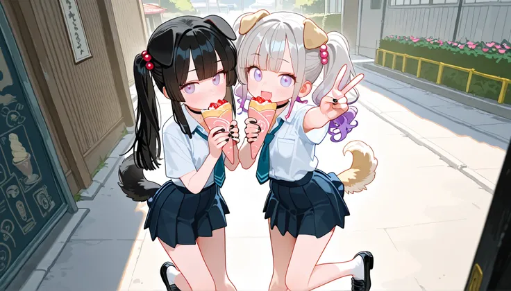 2girls, lavender eyes, Black Hair, white Grey Gradient Hair, blunt bangs, hime cut, Medium length twintails, curly hair, Full head of hair, dog tail, dog ears, small Breast, flower pettern, Choker, bare legs, Loafer, nail polish, black nails, masterpiece, ...