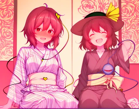  top quality 、two girls facing each other、 character、East、Komeiji Koishi 、 Komeichi Satori、Ryokan Background、wearing a yukata、I'm drunk and drunk、clothes with long brown hair are slightly loose、 I can see my chest slightly 