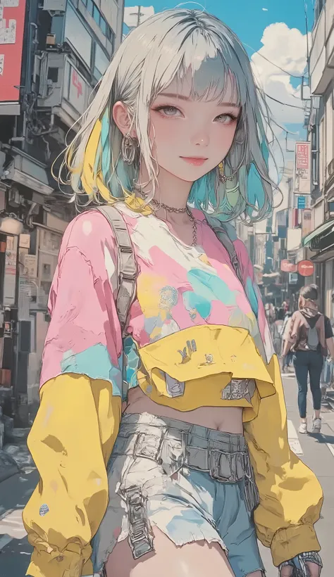 8k, masterpiece, top quality, mushroom cut Asian woman,natural makeup,healthy, Radiant Skin ,Modest lips, add volume to the top with mash shorts、Shorten the neckline、Add random curls, Soft impression ,Bangs above eyebrows,unique pastel hair color,sporty a...