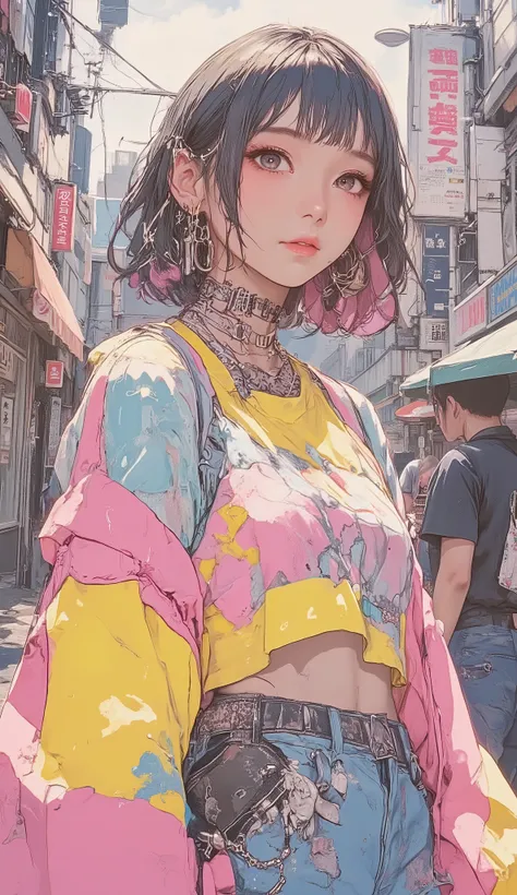 8k, masterpiece, top quality, mushroom cut Asian woman,natural makeup,healthy, Radiant Skin ,Modest lips, add volume to the top with mash shorts、Shorten the neckline、Add random curls, Soft impression ,Bangs above eyebrows,unique pastel hair color,sporty a...