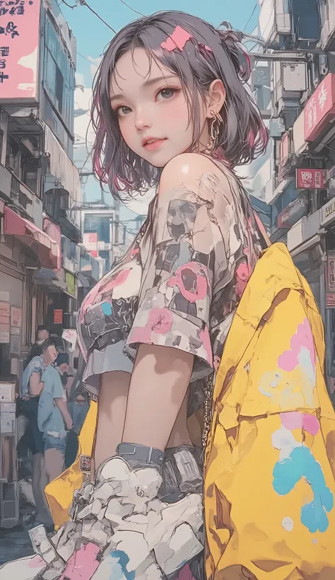 8k, masterpiece, top quality, mushroom cut Asian woman,natural makeup,healthy, Radiant Skin ,Modest lips, add volume to the top with mash shorts、Shorten the neckline、Add random curls, Soft impression ,Bangs above eyebrows,unique pastel hair color,sporty a...