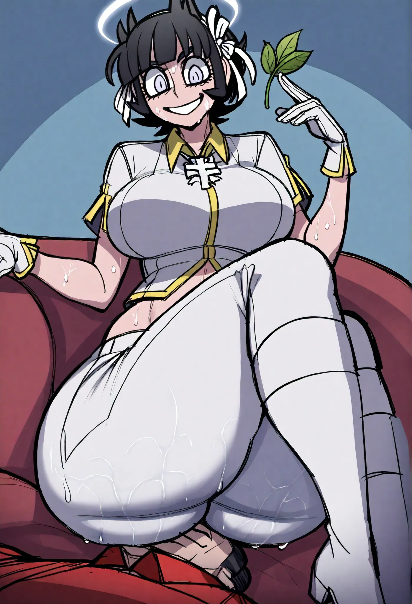Azazel (Helltaker), wears a white, almost military-style uniform with yellow lining on the collar, sleeves, gloves, and midriff. He also wears a collar beneath the collar, which joins together to hold a square cross with leaves protruding from beneath. He ...