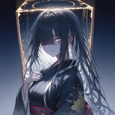 8K, RAW Photos Box, better quality, masterpiece: 1.4, Ultra-high resolution, extremely detailed, soft lighting, ((1girl)), black hair, white inner dye hair, long hair, covered eyes, glowing, kimono,
