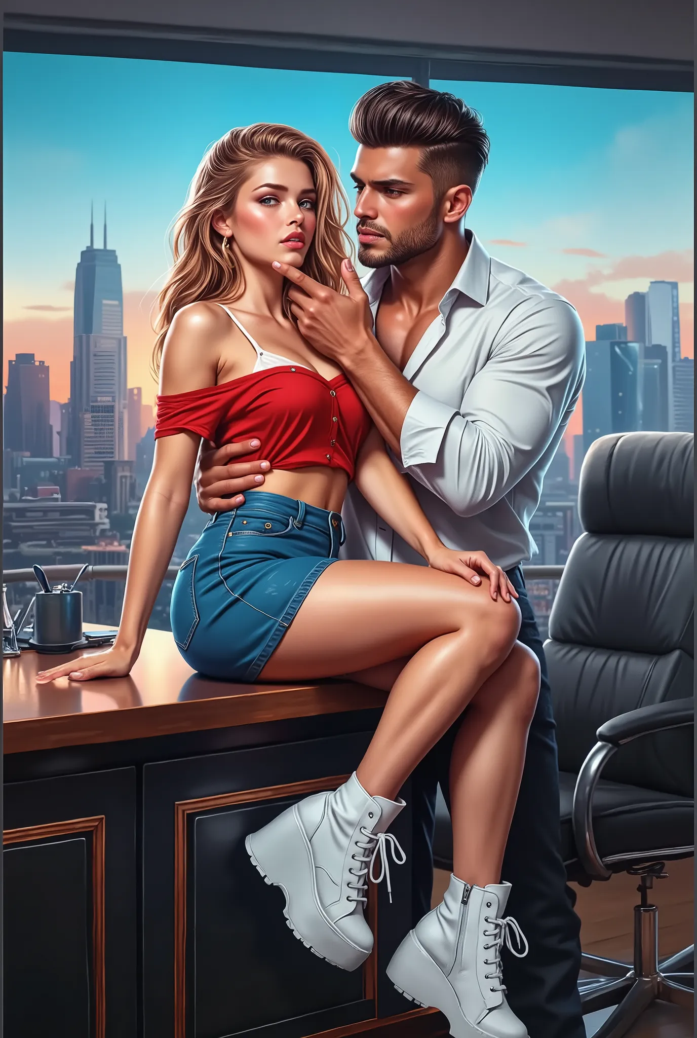 vibrant

vivid ethereal hyperphotorealisticdigital detailed cover for a passionate modern erotic sexy hot romance, on foreground vividvibrant

contrasting, beautiful flirtous erotic Russian 18-year-old blonde WITH LONG HAIR FLOWING in a short blue denim sk...