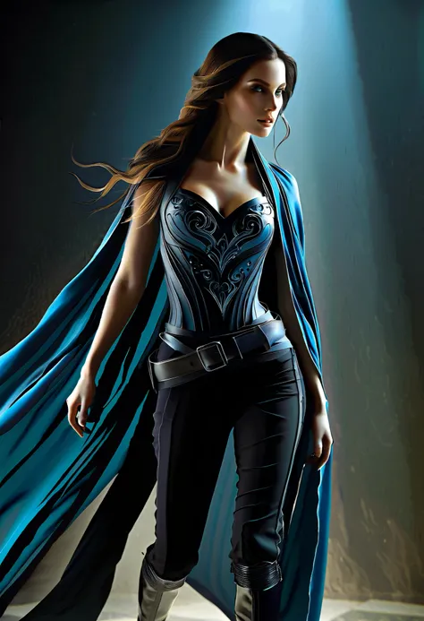 A lone woman stands prominently, her upper body clad in a dark fantasy outfit, featuring a fitted gray top with intricate, swirling designs that evoke an air of mysticism, layered under a flowing blue cape with black accents that cascade down her back like...