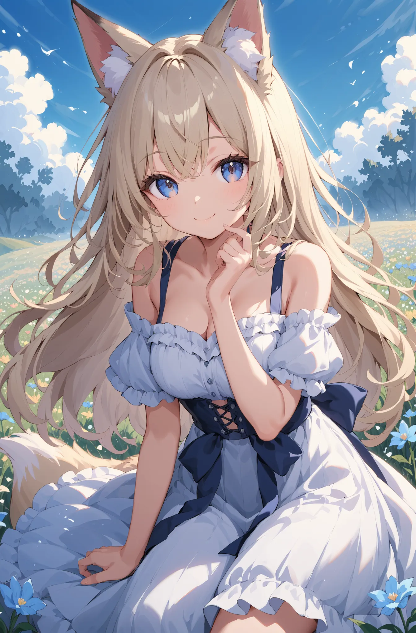 masterpiece、concept art、(very detailed)、 (((masterpiece、top quality))) 、Girl tarry sky、Moonlight:1.2、Flower field、(fox ear、Off-the-Shoulder、platinum blonde、Long Hair、ruffle skirt)、( A soft smile )