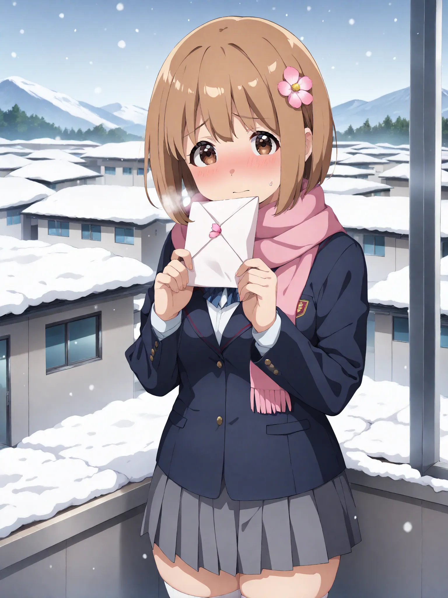 finely detailed, anatomically correct, (clear lines), (cinematic lighting), (top rated on pixiv), ((mid 2000's anime art style)), 1girl, schoolgirl, shining skin, (bob), (short light brown hair), (bangs), (pink flower hair accessory), (round shaped face), ...