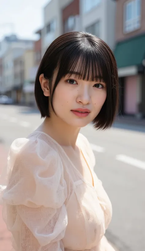 Photorealistic , 4K, close up ,kojima nagisa, short black hair, white see-through dress with puffy sleeves, directly looking at camera, outdoor streets, bright sunny day