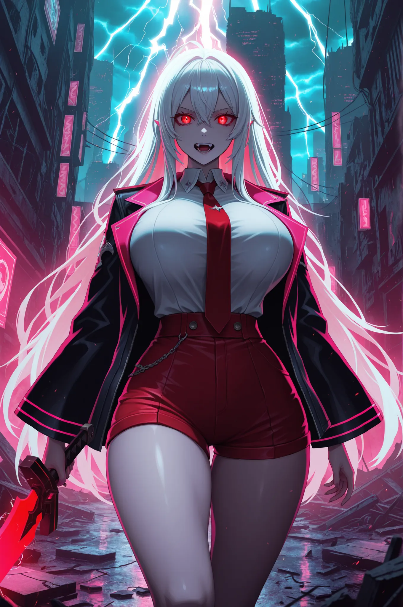 long white hair, vampire, glowing red eyes, uniform, white shirt, tie, red shorts, holding sword, 1girl, solo, vampire fangs, huge breasts, ruined futuristic city, dystopia, lightning storm, pink lighting, volumetric lighting, cinematic lighting,  masterpi...