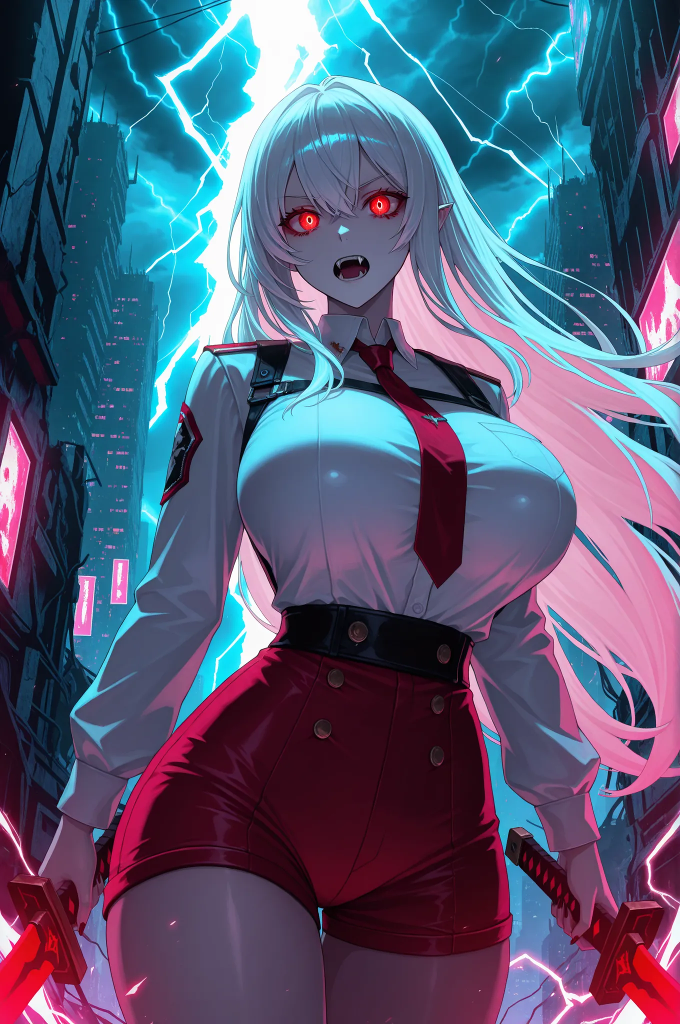 long white hair, vampire, glowing red eyes, uniform, white shirt, tie, red shorts, holding sword, 1girl, solo, vampire fangs, huge breasts, ruined futuristic city, dystopia, lightning storm, pink lighting, volumetric lighting, cinematic lighting,  masterpi...