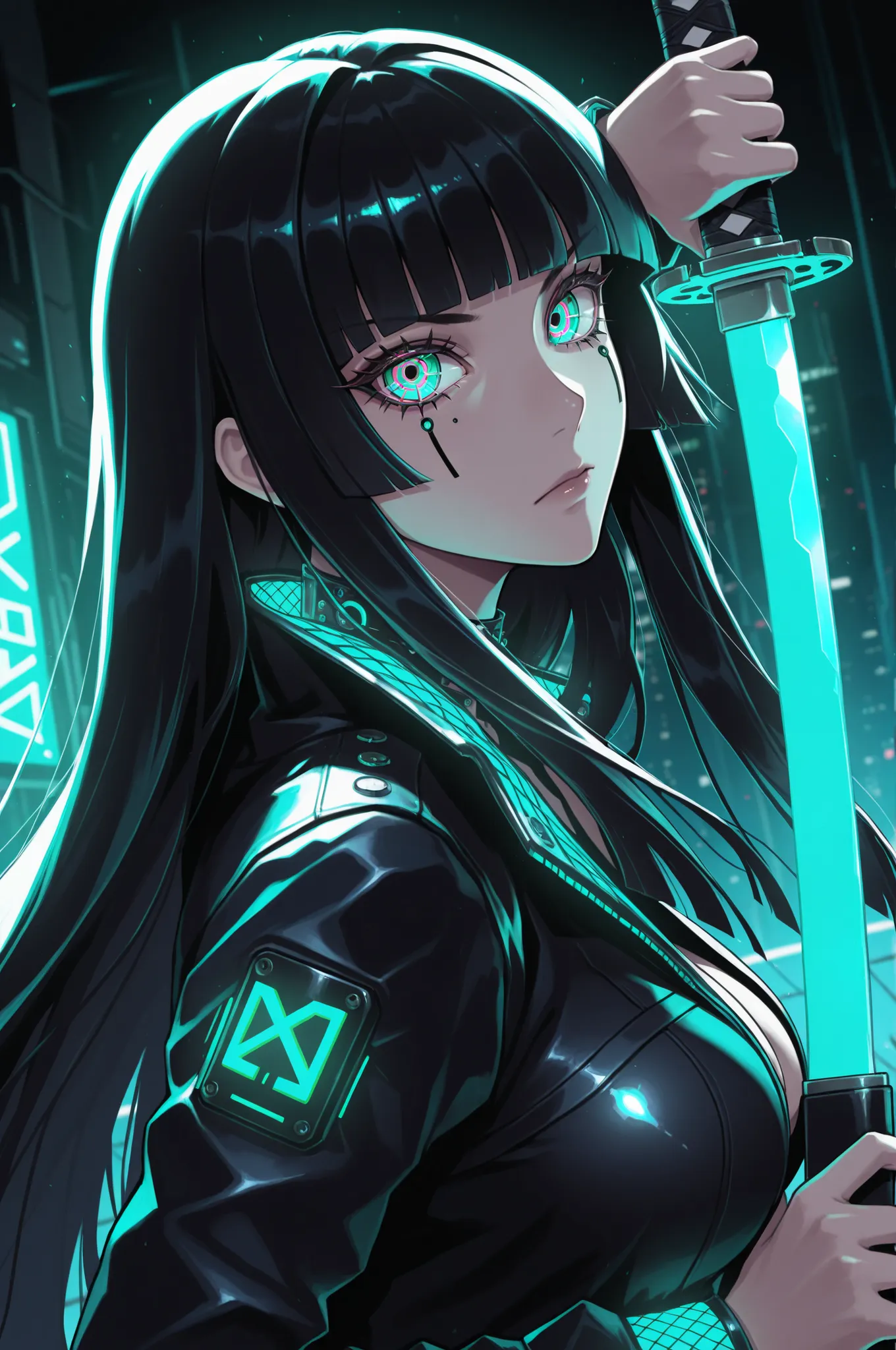 masterpiece, best quality, good quality, absurdres, highres, cyber punk,
BREAK 
1girl, Face Focus, Side Angle, upper body, black hime cut, (Fuschia eyes), holding Katana, pose,dynamic angle, 
BREAK
Backlight, one side light, cybernetic digital background w...