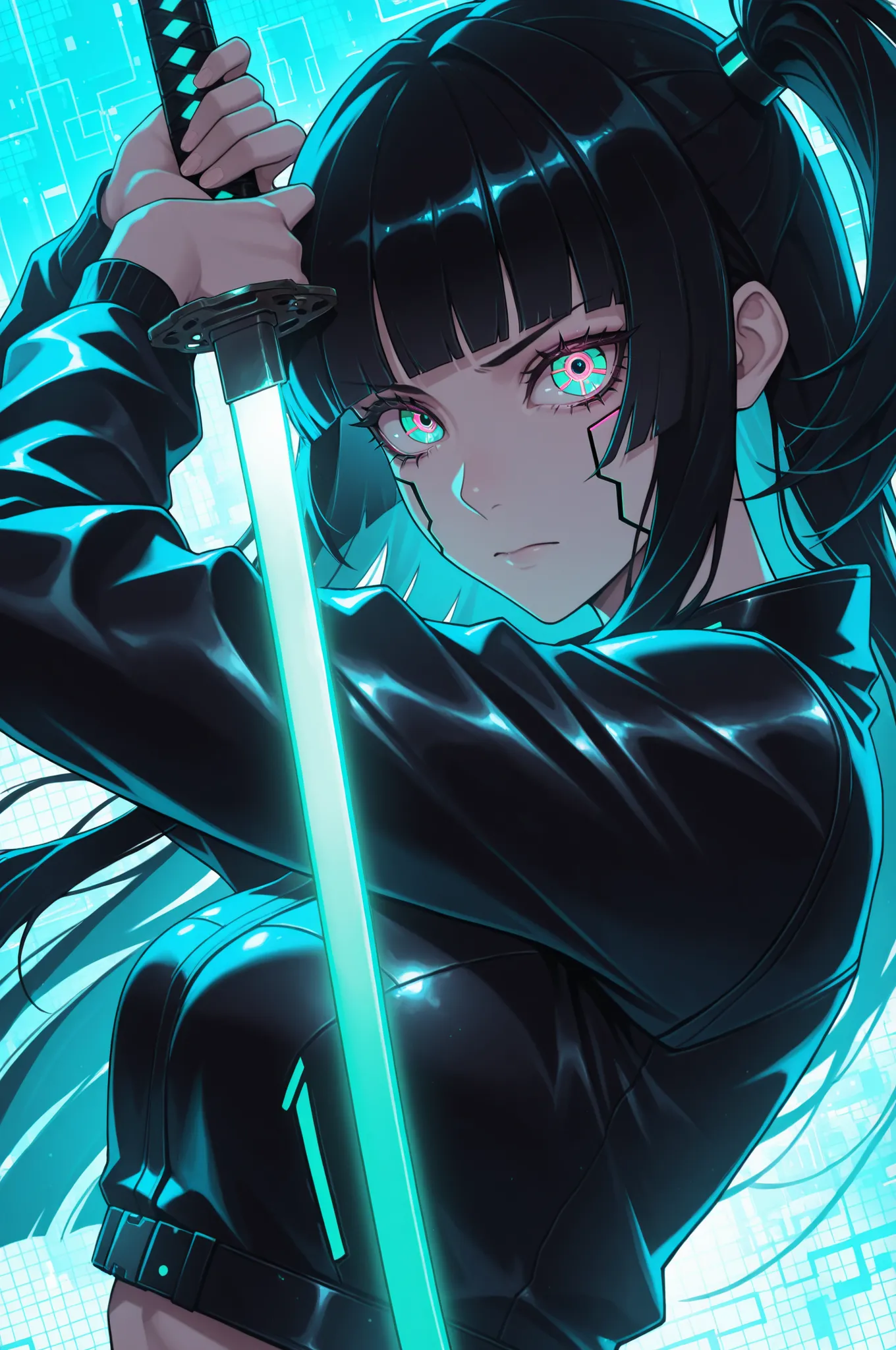masterpiece, best quality, good quality, absurdres, highres, cyber punk,
BREAK 
1girl, Face Focus, Side Angle, upper body, black hime cut, (Fuschia eyes), holding Katana, pose,dynamic angle, 
BREAK
Backlight, one side light, cybernetic digital background w...