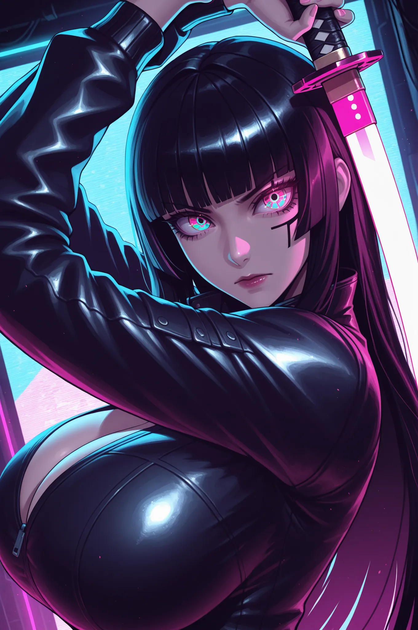 masterpiece, best quality, good quality, absurdres, highres, cyber punk,
BREAK 
1girl, Face Focus, Side Angle, upper body, black hime cut, (magenta eyes), holding Katana pose,dynamic angle, huge breasts
BREAK
Backlight, one side light, cybernetic digital b...