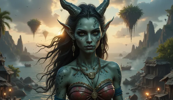 view from height,full-body-shot,obsidian The Alien Entity, half-Moana, sassiness temper,natural leather textures, hyper realisitc, hyper detailed,Extremely detailed,High contrast, ,Realistic,Ultra Detailed,intricate details,realistic humid skin,extremely i...
