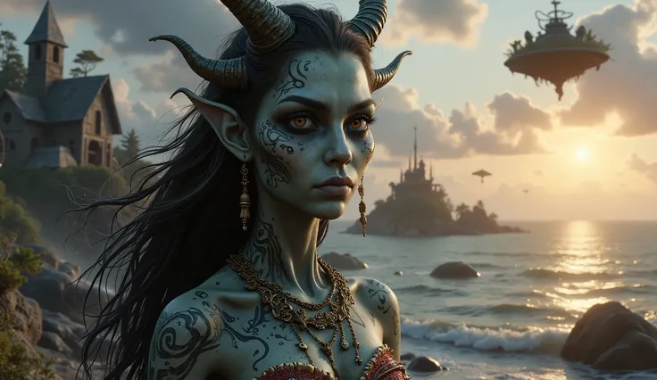 view from height,full-body-shot,obsidian The Alien Entity, half-Moana, sassiness temper,natural leather textures, hyper realisitc, hyper detailed,Extremely detailed,High contrast, ,Realistic,Ultra Detailed,intricate details,realistic humid skin,extremely i...