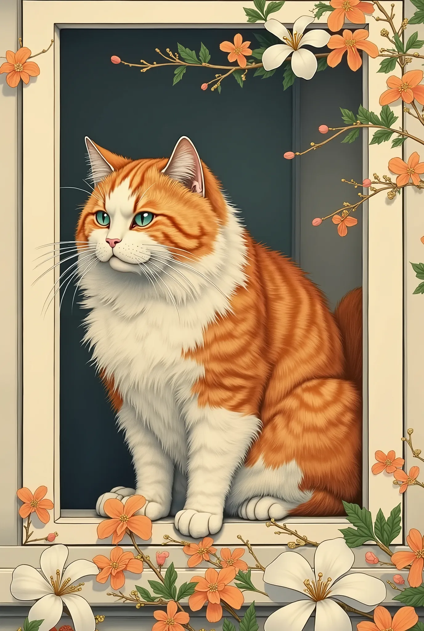 Fat, red-haired funny cat sitting on the window, digital photo, realistic, high detail, 16k quality