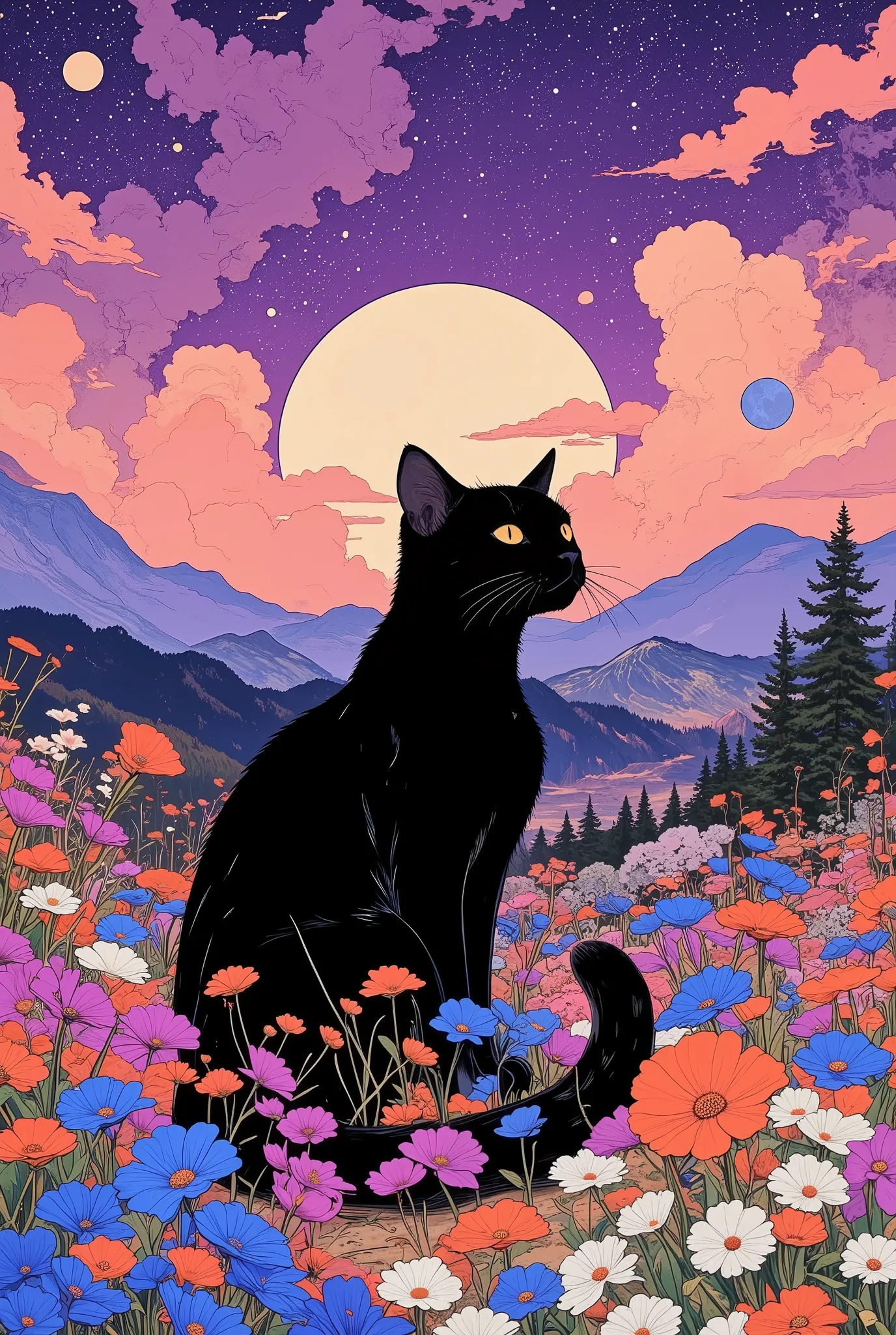 A black cat sits serenely amidst a vibrant meadow of multicolored flowers under a breathtaking, star-dusted sky.  Full of ethereal hues and mystical lighting, the meadow stretches across a landscape, with distant mountains and dark forests framing the scen...