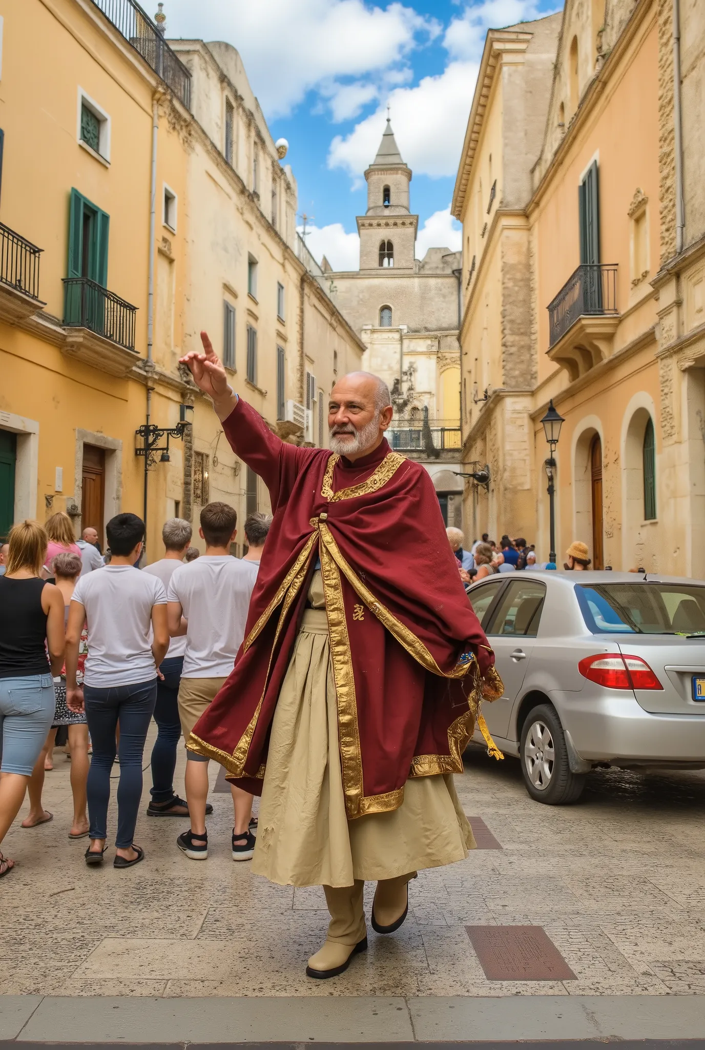 (Old male wizard in matera), (male earth mage , bald head , brown eyes , height 173cm , athletic and toned build , wearing clothes inspired by Carlo Magno , but with traditional Chinese royal monk colors (deep red and golden-yellow) , training seriously in...