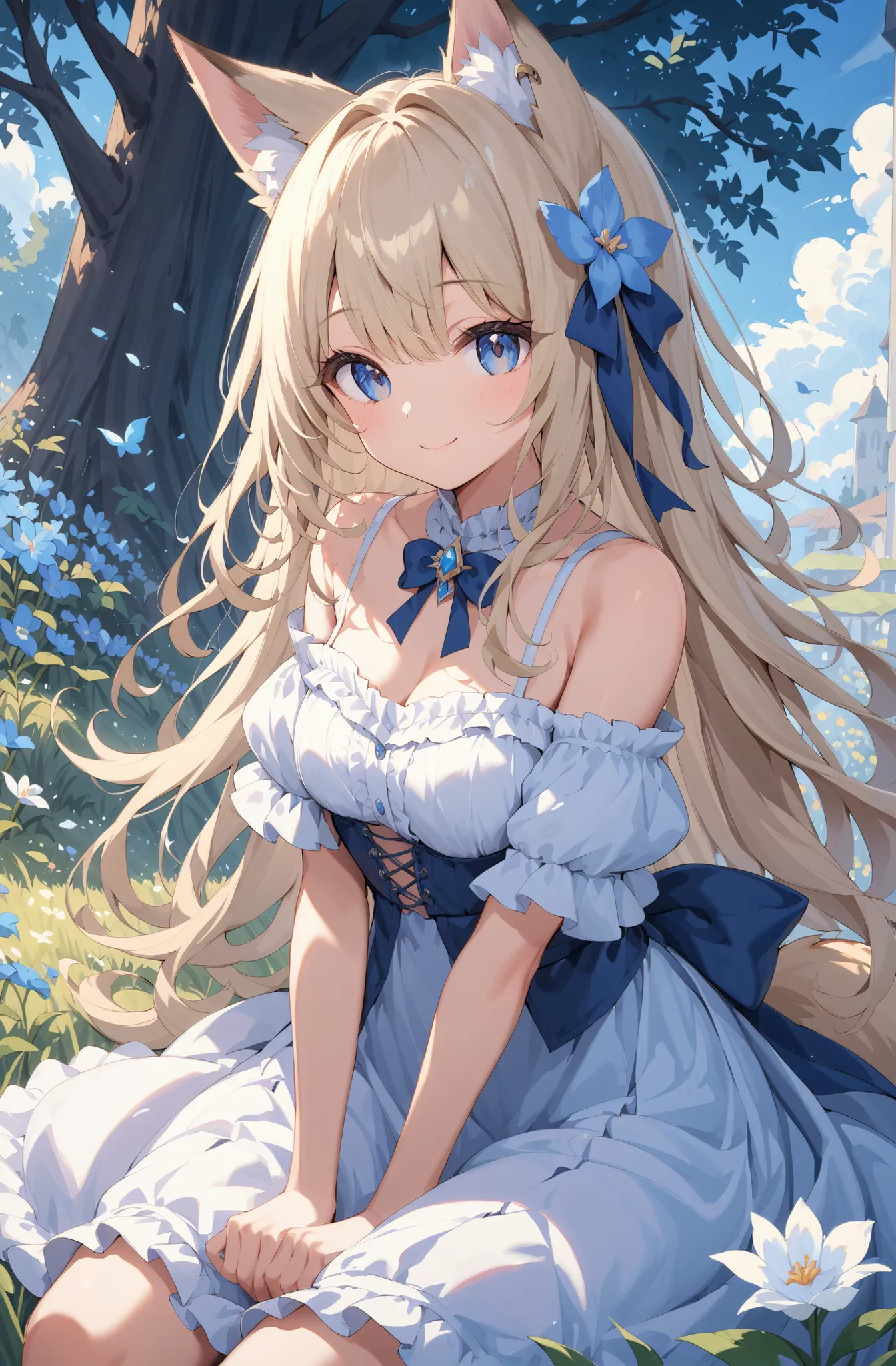 masterpiece、concept art、(very detailed)、 (((masterpiece、top quality))) 、Girl tarry sky、Moonlight:1.2、Flower field、(fox ear、Off-the-Shoulder、platinum blonde、Long Hair、ruffle skirt)、( A soft smile )