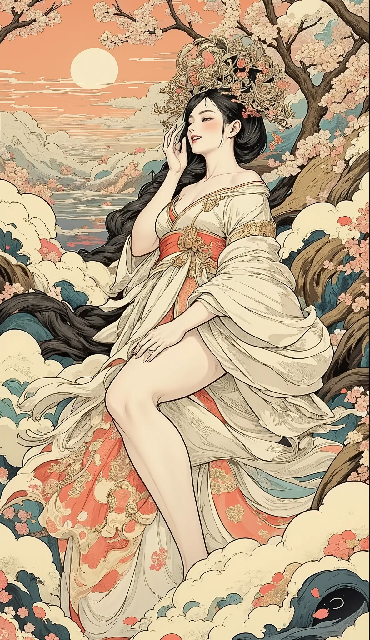 The beautiful goddess of cherry blossoms admires cherry blossoms in the spring garden, smiles, raises her head in delight towards the rays of the morning sun, petals fall on her face, she is surrounded by branches of cherry blossoms, a whirlwind of flying ...