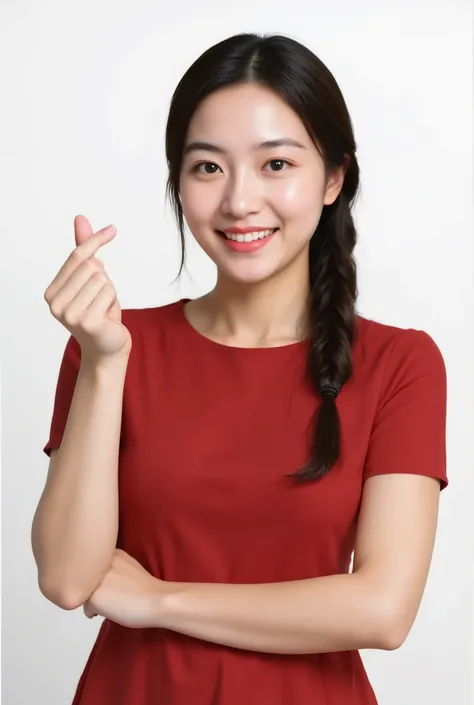 Realistic photography, stock image style, mid-torso portrait of a Thai Asian woman smiling confidently while raising her right index finger upward in an expressive gesture, with her left arm folded across her chest. She is wearing a light blue, long-sleeve...