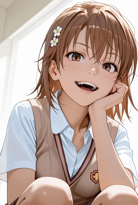 masterpiece, best quality, {{{masterpiece}}}, {{{best quality}}}, {{Ultra Details}}, {illustration}, {{very delicate and beautiful}} best quality Mikoto Misaka short hair brown hair hair, masterpiece,best quality,Amazing Quality Brown Eyes Cute Breasts　smi...
