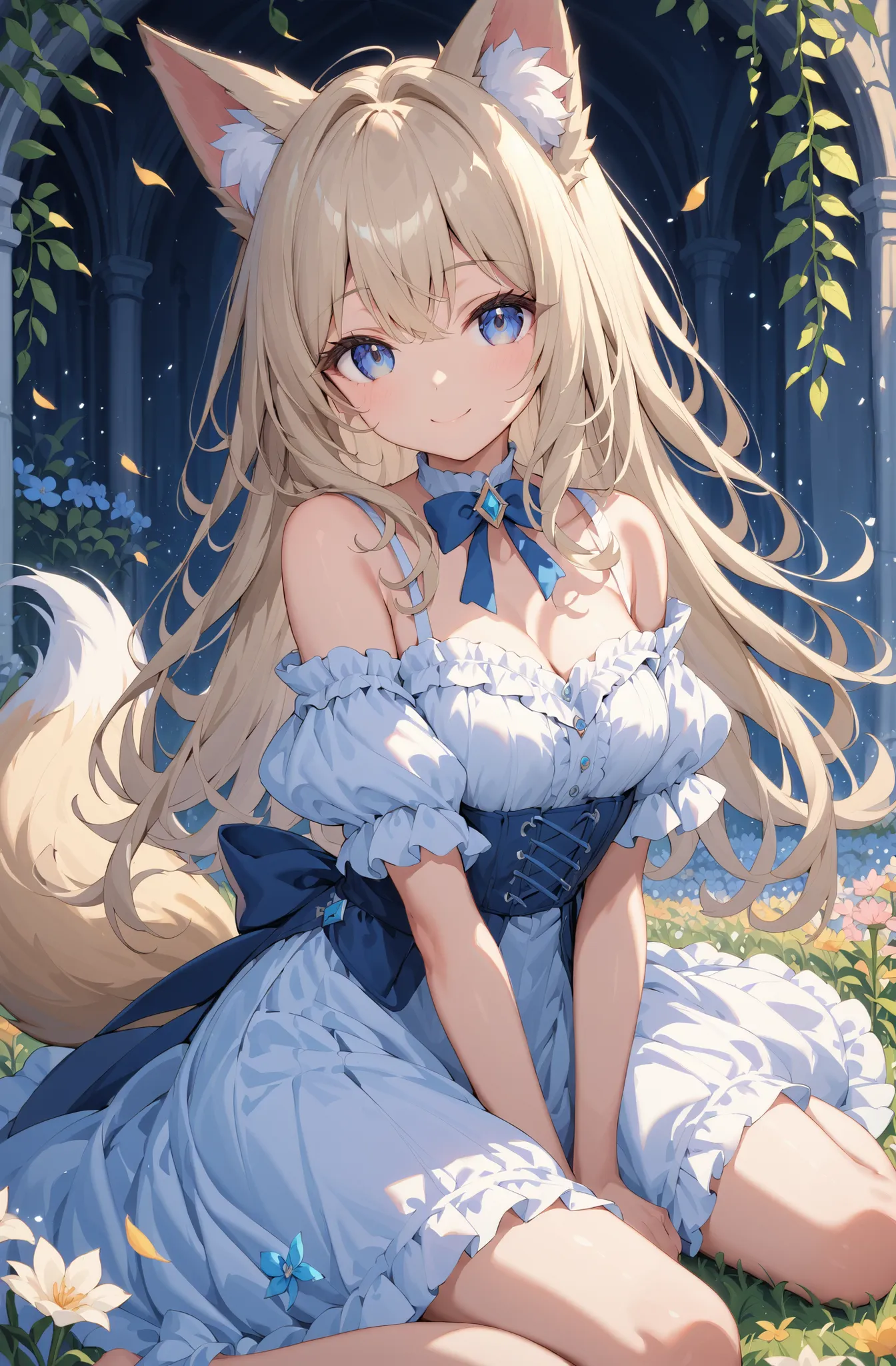 masterpiece、concept art、(very detailed)、 (((masterpiece、top quality))) 、Girl tarry sky、Moonlight:1.2、Flower field、(fox ear、Off-the-Shoulder、platinum blonde、Long Hair、ruffle skirt)、( A soft smile )