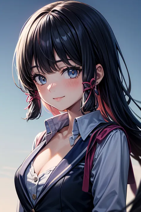 kamisato ayaka, upper body, smile, blush, outdoors, day, simple background, blue sky, long hair, sky, city, looking at viewer, moody lighting, facing viewer, school uniform, medium breast, hair down, close up, pink jacket, cleavage, black hair