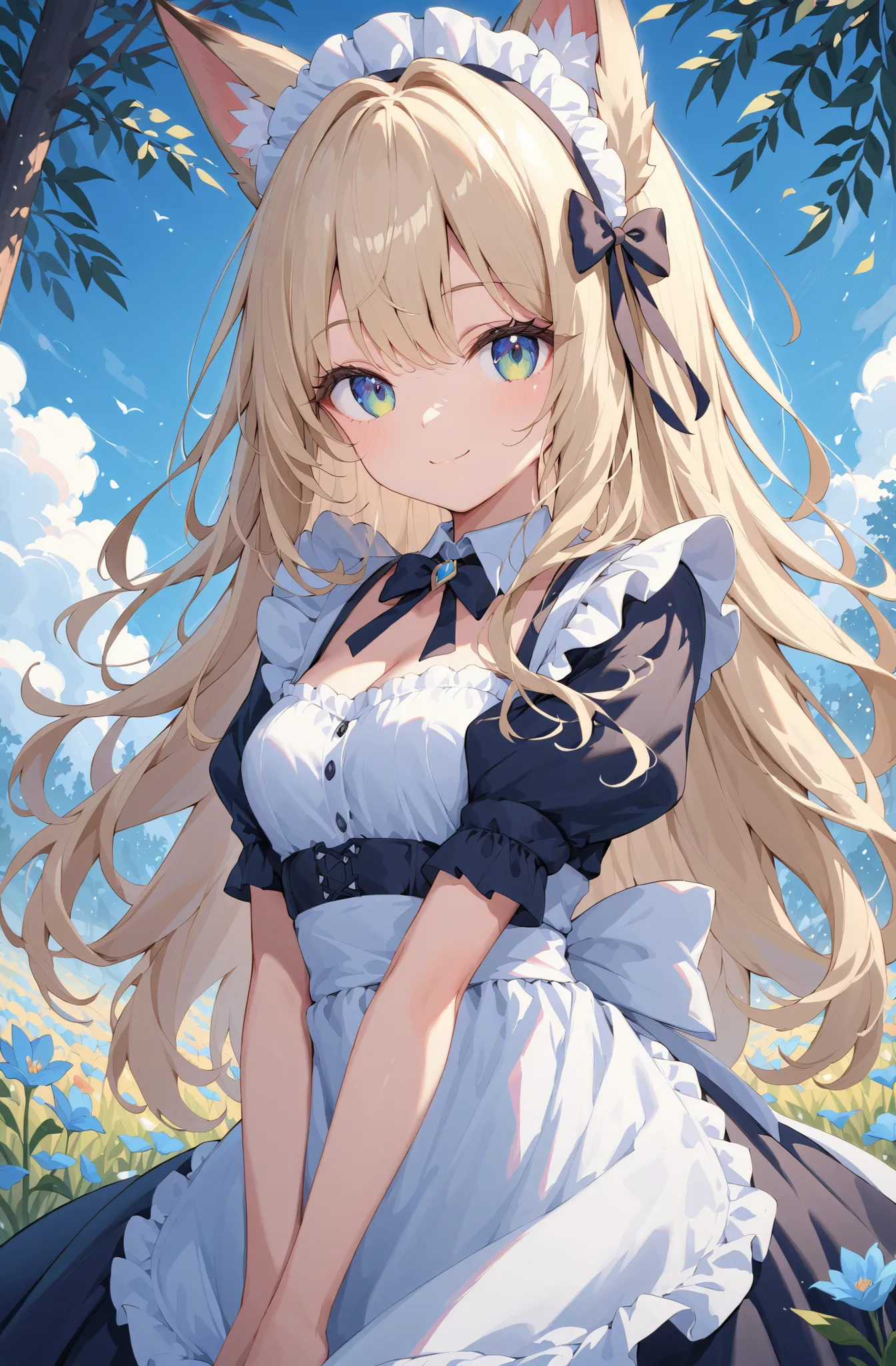 masterpiece、concept art、(very detailed)、 (((masterpiece、top quality))) 、Girl tarry sky、Moonlight:1.2、Flower field、(fox ear、platinum blonde、Long Hair、Maid Outfit)、( A soft smile )