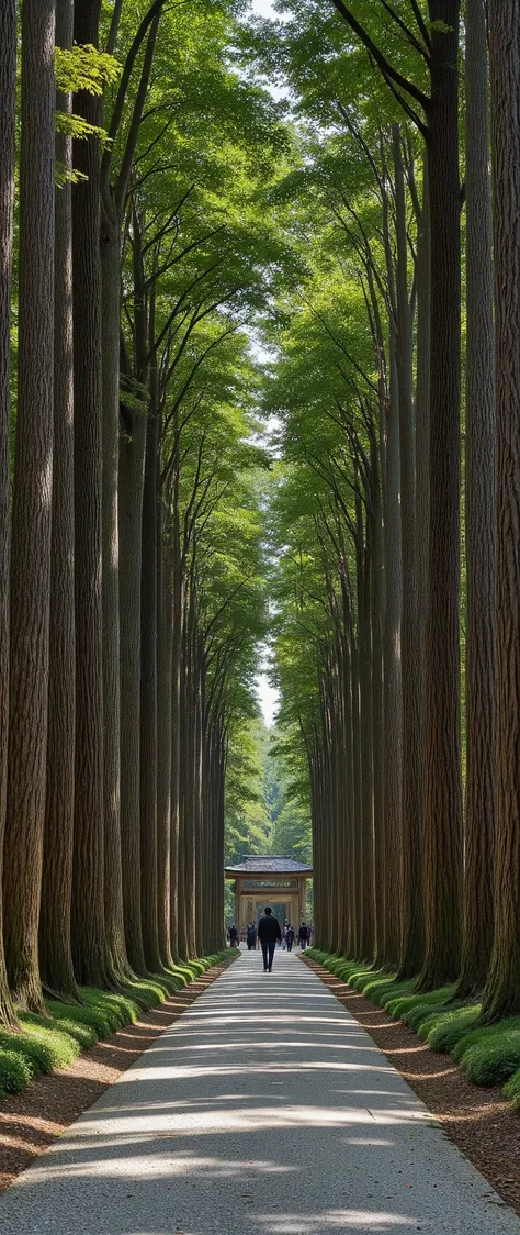highdefinition images、Nagano Prefecture、image of the road to the Okusha Shrine from the perspective of walking on the sidewalk、Huge cedar trees are neatly maintained on both sides、The atmosphere of a sacred area drifts even to the gravel on the approach、A wooden torii gate can be seen on the other side of the cedar grove。From the perspective of walking on the sidewalk。