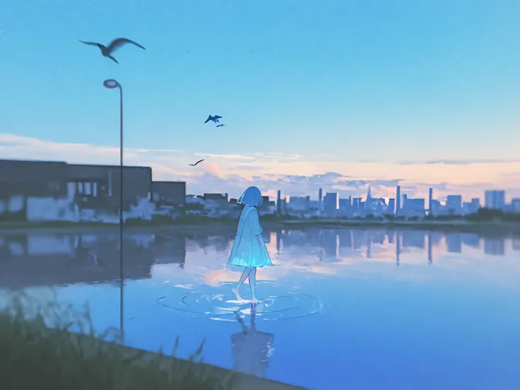  Mf9f, reflection, null, squatting , bird,  Signature , cloud, 1 girl, Alone, Scenery, sunset,  outdoor, nullline, Cityscape, short hair, City, Horizon, blue null, Silhouette, Building, ,  gradient null, dusk, cloudy null, reflective floor , masterpiece, u...