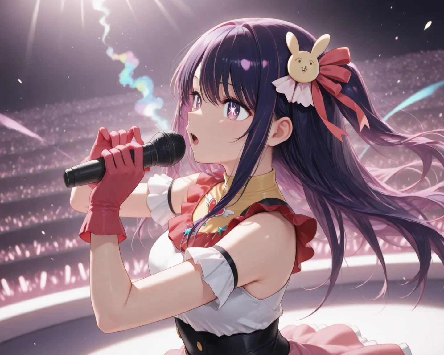 (masterpiece, Best quality, 8K, 1080P, HD, highlight the conveyed intentions through movements, diversify the lighting aspect to create the desired atmosphere, accentuate the posing to emphasize more of the physical curves, genuinely immersive facial expression, enhance image colouring, in depth colouring backdrop, glossier surface, imaginative idol outfit, soft golden wafy misty light trailing hand movement, fabric is softer and loosened, diverse in hair movements, side angle viewing full profile), 2 woman, ((Hoshino Ai {Ai Hoshino of oshi no ko, detailed feature, hair (straight long and dark purple), purple eyes, tied left hair}, and Nakagawa Kanon {Kanon Nakagawa of the world god only knows, detailed feature, short pink hair, ribbon, red eyes})), both is on a stage holding star-shaped mic in singing pose, with much of rainbow smoke and blue mist on the stage floor creating a cloud like floors, in a grandeur and magical concert celebration scene